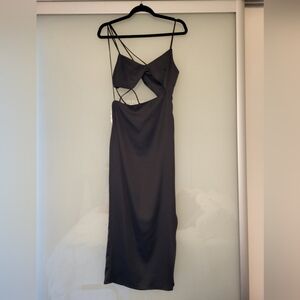 Zara black satin asymmetrical cut-out midi dress, size s